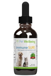 Pet Wellbeing Immune Sure dog bottle highlights vet-formulated immunity support.