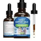 Pet Wellbeing Kidney Support Gold bottle close-up supports kidney function.