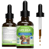 Pet Wellbeing Life Gold for Dogs bottle front showing vet-formulated immune support in a natural supplement.