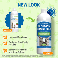 Pet Wellbeing liquid formula pouring drops showcases easy dosing for cats.