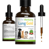 Pet Wellbeing Lung Gold bottle shown for canine respiratory support and ease of use.