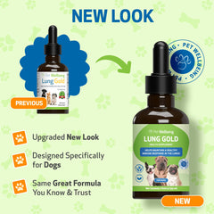 Pet Wellbeing Lung Gold dosing scene highlights easy administration for dogs.