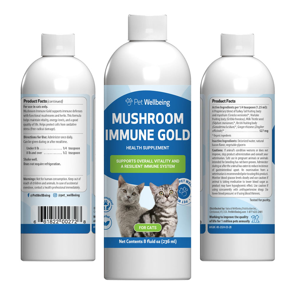Pet Wellbeing Mushroom Immune Gold bottle closeup highlighting immune-support potential.