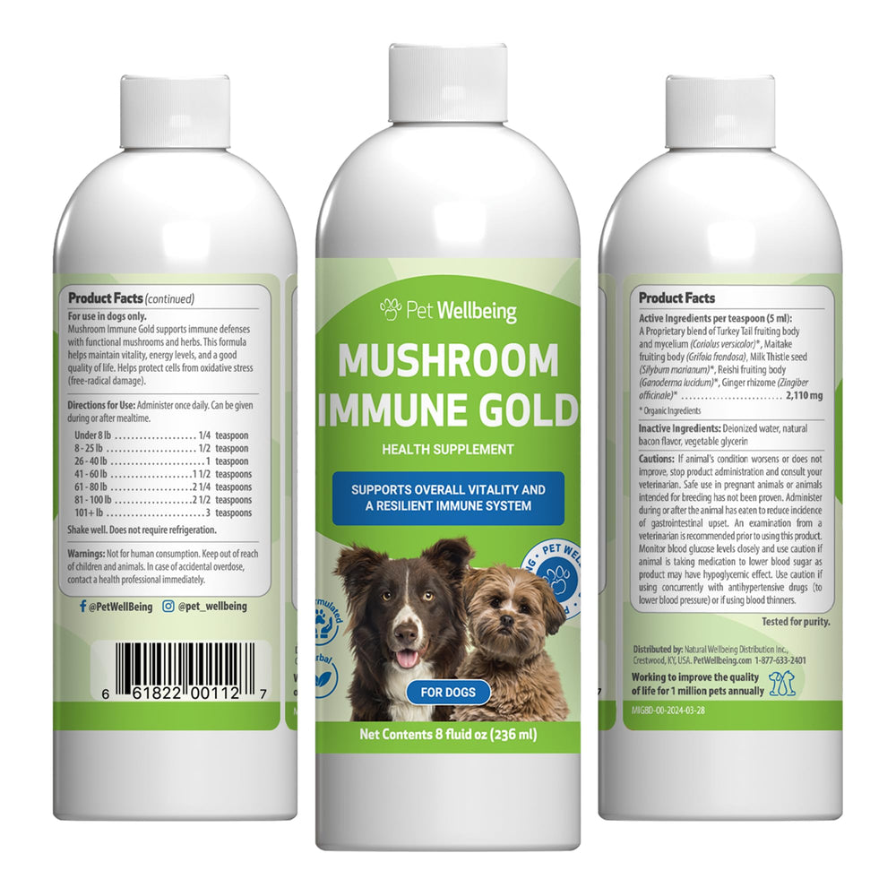 Pet Wellbeing Mushroom Immune Gold bottle front for reliable immune balance