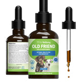 Pet Wellbeing Old Friend bottle label highlights alfalfa and reishi for senior dog vitality.