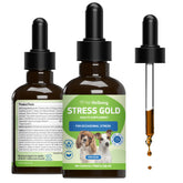 Pet Wellbeing Stress Gold bottle closeup for fast-acting dog stress support.