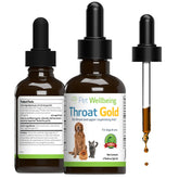 Pet Wellbeing Throat Gold dog bottle showing convenient throat support for dogs during coughing episodes