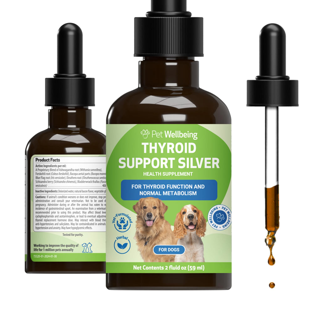 Pet Wellbeing Thyroid Support Silver for Dogs bottle pour showing easy dispensing for daily energy.