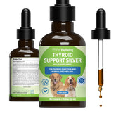 Pet Wellbeing Thyroid Support Silver for Dogs bottle pour showing easy dispensing for daily energy.