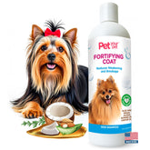 Pet Your Pet natural dog shampoo bottle demonstrates coat-strengthening fortifying formula.