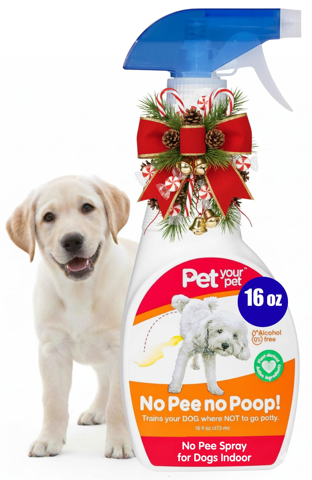 PET YOUR PET No Pee No Poop spray bottle front view supports easy potty training