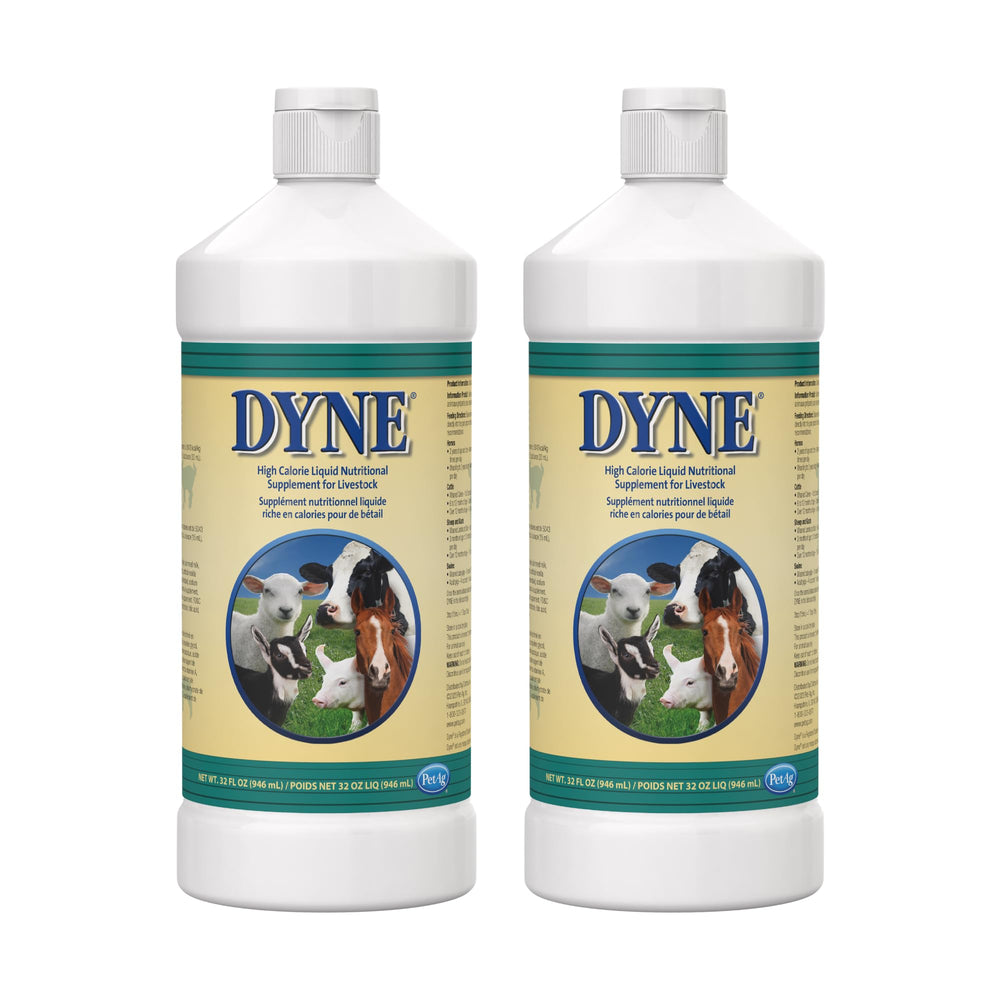 PetAg Dyne high-calorie liquid bottle front shows energy-dense nutrition for livestock