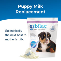 PetAg Esbilac prepared puppy milk pour illustrates easy reconstitution for feed time.