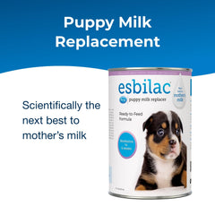 PetAg Esbilac vitamin-enriched puppy milk highlights growth-supporting nutrients.