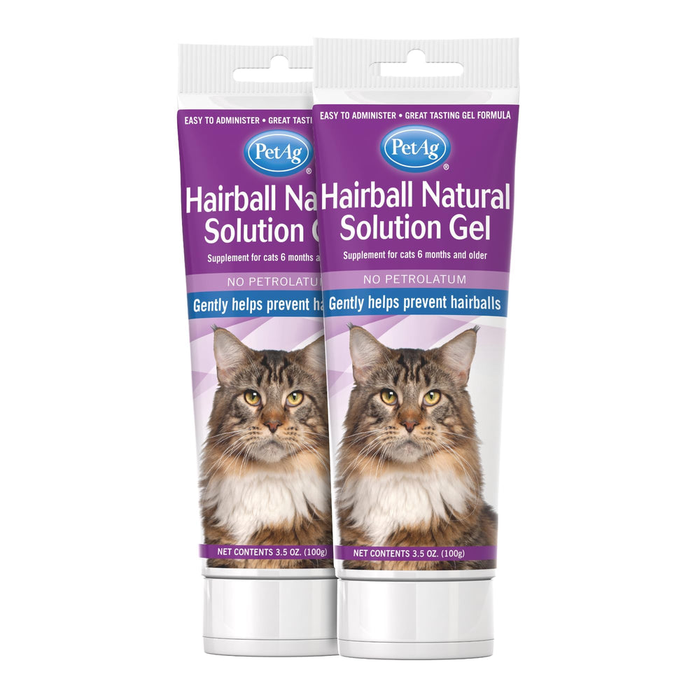 PetAg Hairball Natural Solution Gel bottle close-up, petrolatum-free formula supports hairball management in cats.