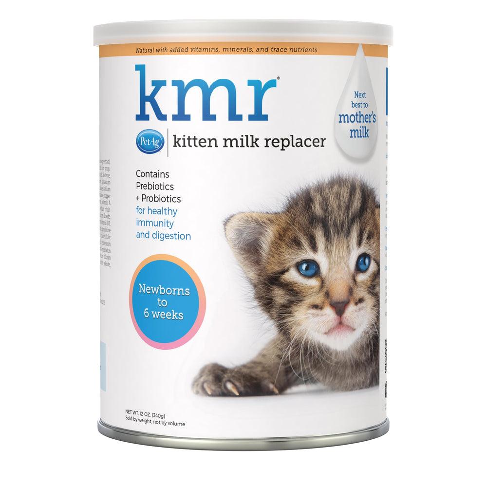 PetAg KMR powder tub ready for use, providing balanced nutrition for newborn kittens.