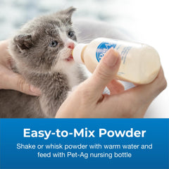 PetAg KMR warm water mix in bottle demonstrates simple feeding steps.