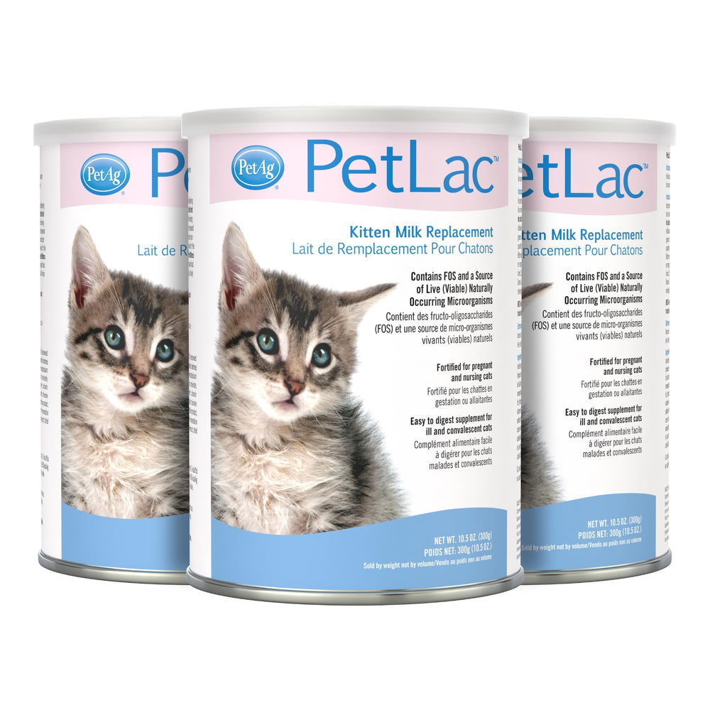PetAg PetLac powder tub front—creamy nutrition for kittens' early growth.