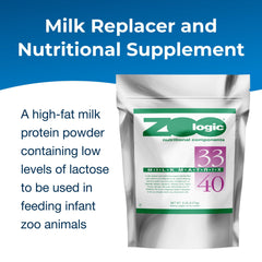 PetAg Zoologic Milk Matrix 33/40 packaging shows a 5 lb bag for continuous feeding.