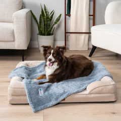 PetAmi blue blanket on sofa protects furniture while pets snuggle.