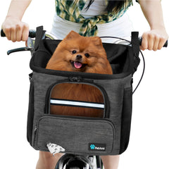 PetAmi dog bike basket front view demonstrates quick install on handlebars.