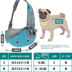 PetAmi Dog Sling Carrier worn crossbody side view blue, secure comfort during walks.