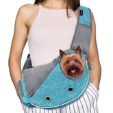 PetAmi Dog Sling Carrier front view blue, a hands-free travel solution for pets.
