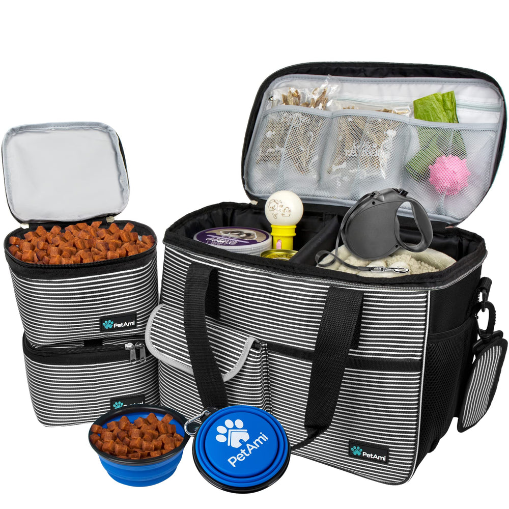 PetAmi dog travel bag front view stripe black medium for easy transport and organization.