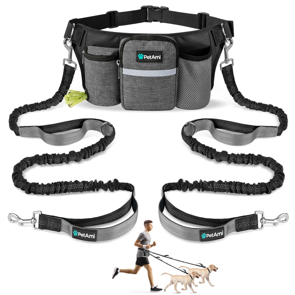 PetAmi Premium hands-free dual-bungee leash setup enables smooth two-dog control.