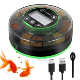 Petbank automatic feeder front view highlights compact design for tidy aquarium setup and precise meals.