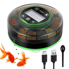 Petbank automatic feeder front view highlights compact design for tidy aquarium setup and precise meals.