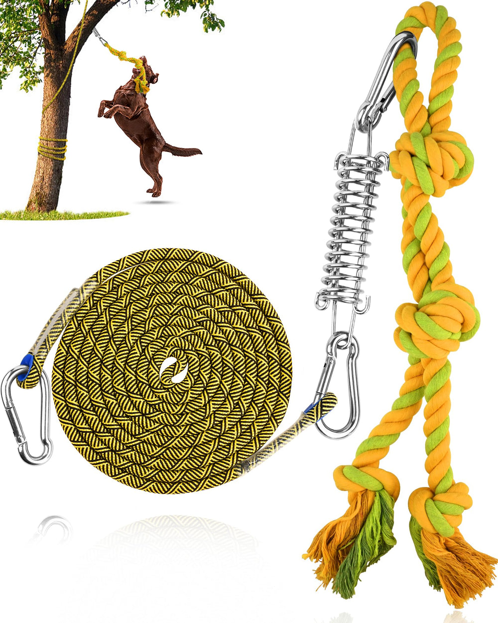 Petbobi Bungee Dog Toy hanging on a branch for outdoor energy burn.