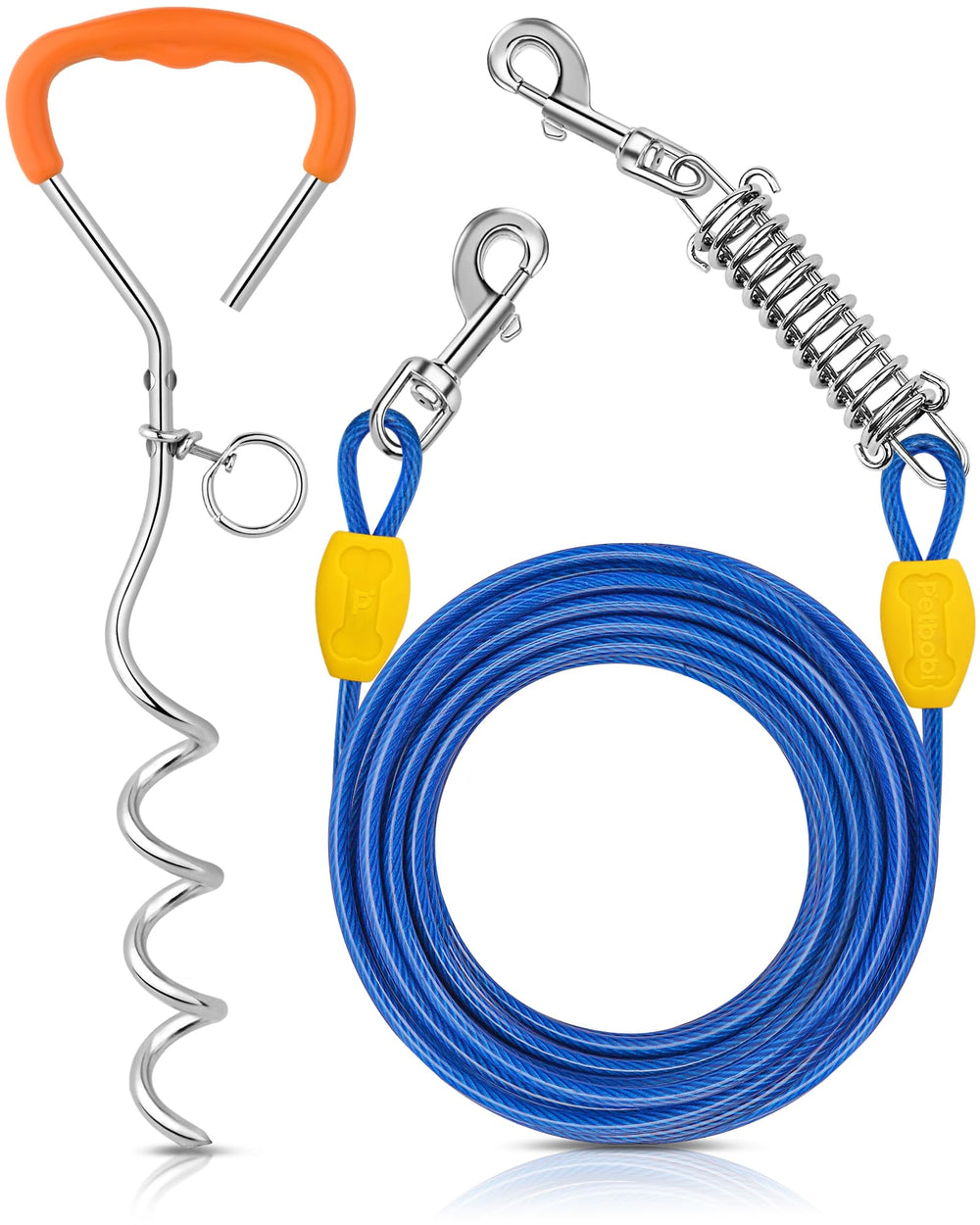 Petbobi dog tie-out cable offers 30 ft roaming space for safe yard or camp play.