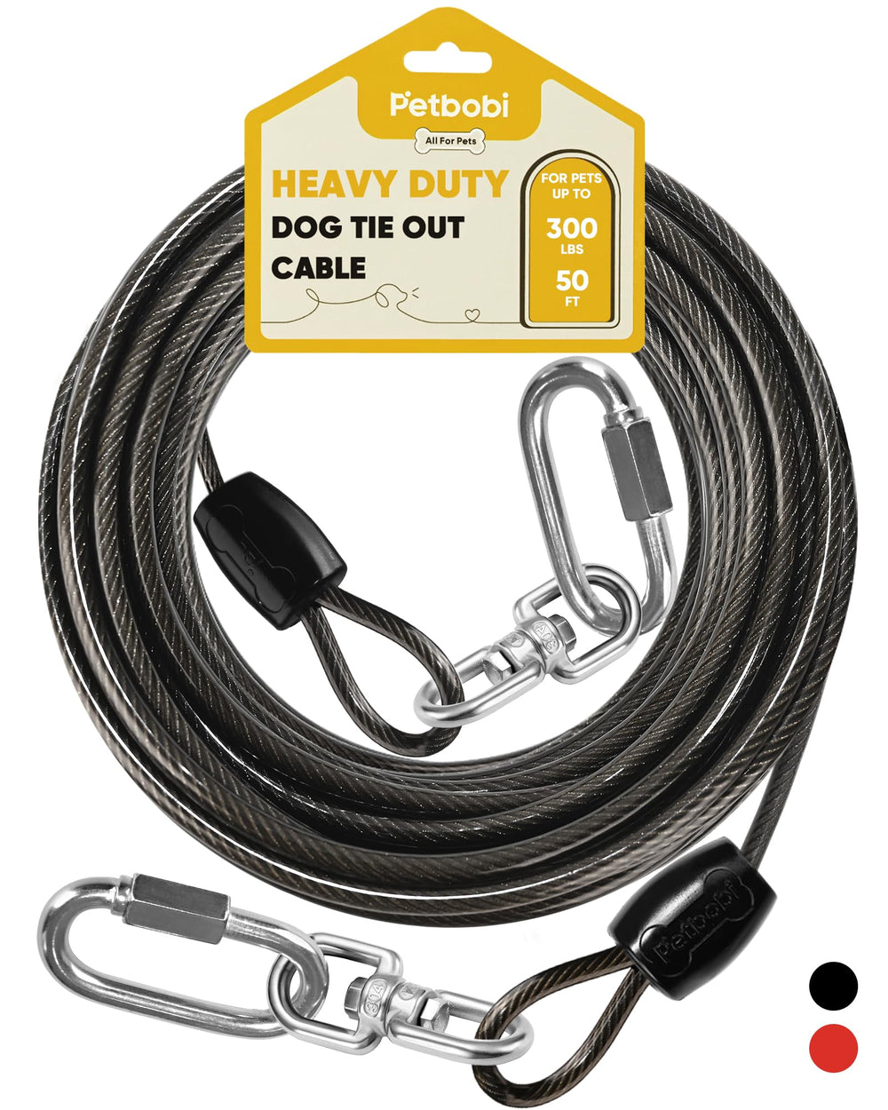 Petbobi heavy-duty dog tie-out 50ft length enables safe outdoor play.