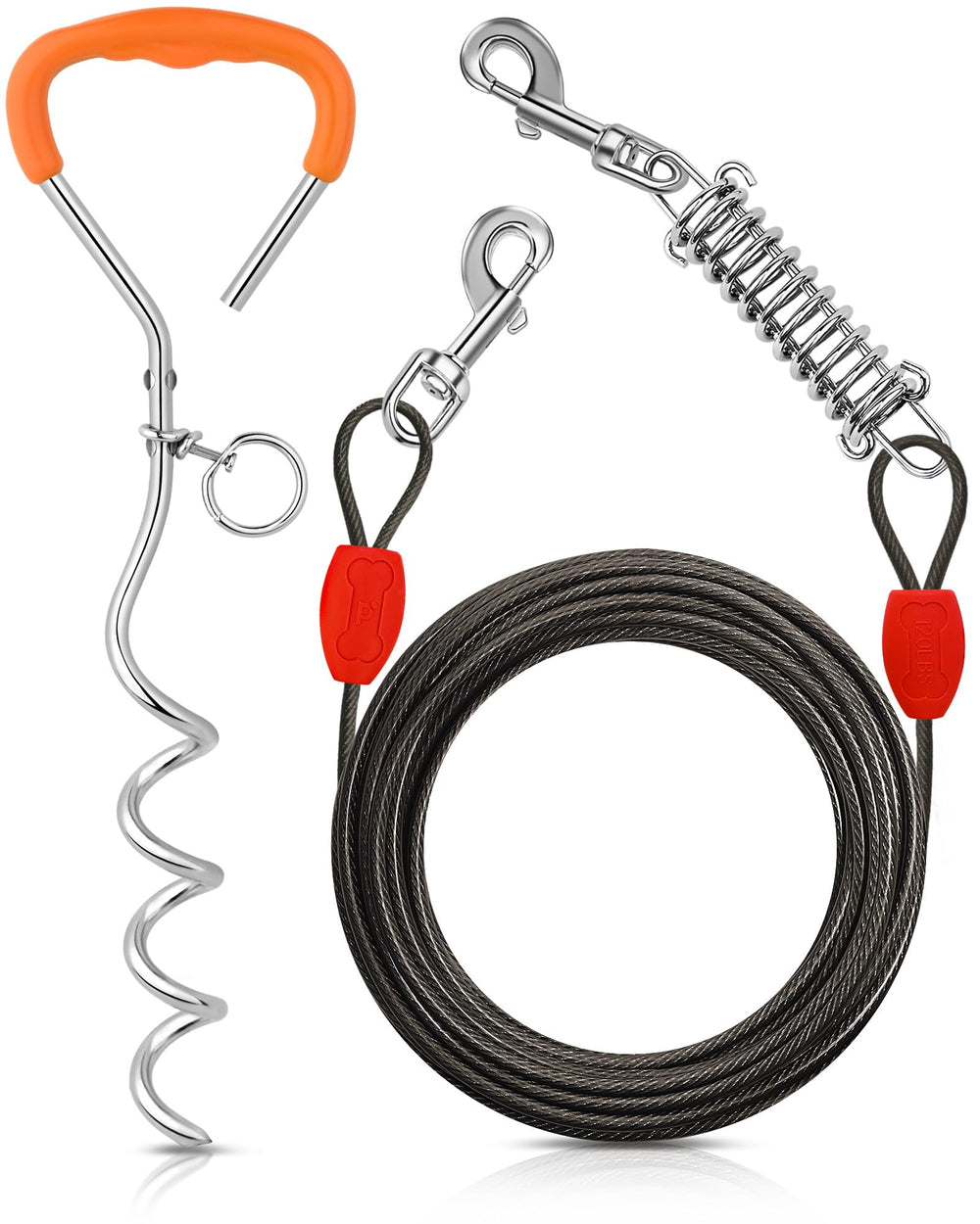 Petbobi tie-out cable with spring for safer outdoor roaming.