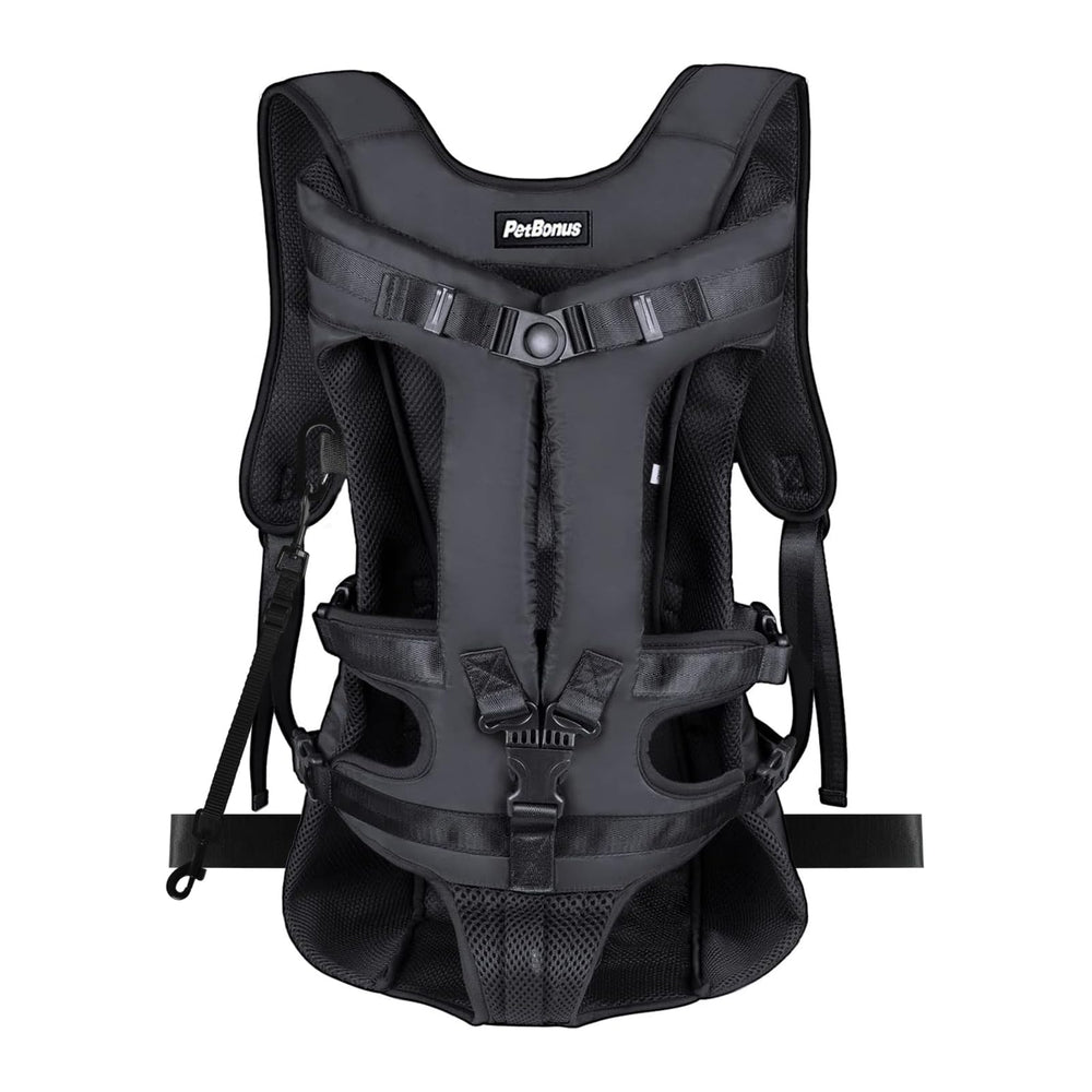 PetBonus front view dog carrier in black for comfortable, hands-free hiking with small dogs.