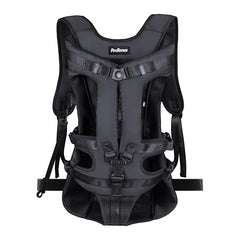 PetBonus front view dog carrier in black for comfortable, hands-free hiking with small dogs.