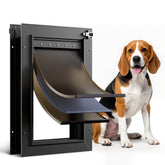 PETCOMING all-aluminum dog door with three flaps for durable indoor/outdoor use.