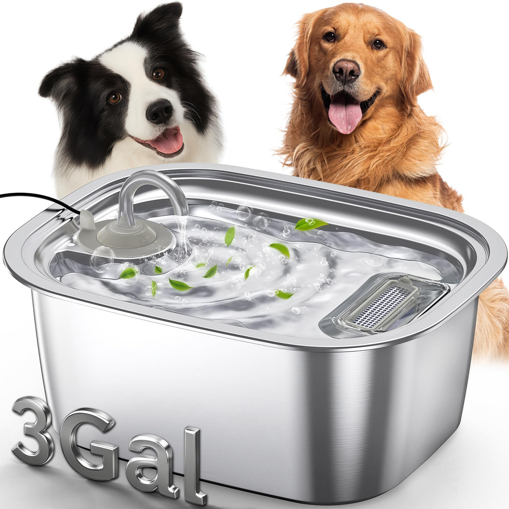 PETDOTT 3gal stainless steel dog water fountain top-view with integrated water window for easy level checks.