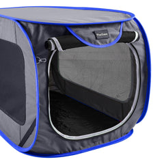 PetEase large pop up kennel in-car strap demonstrates secure travel.