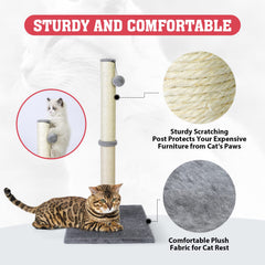 Petellow cat scratching post with hanging ball for interactive play.