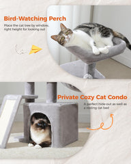 PETEPELA cat tree top perch image emphasizes elevated vantage for curious cats