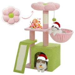 PETEPELA Flower Cat Tree main view in pink for engaging indoor play and rest.