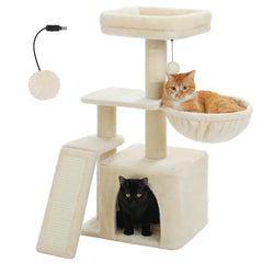 PETEPELA small cat tree beige front view highlights compact footprint for indoor spaces