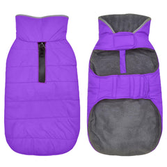 Petglad dog winter coat front view in purple highlights warm fleece inside for insulation