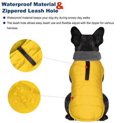 Petglad dog winter coat yellow back view highlighting waterproof exterior for snowy days
