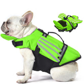 Petglad Wings dog life jacket front view, green buoyant vest for safer swims.