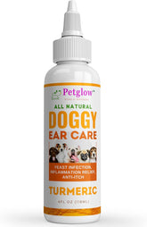 Petglow dog ear cleaner turmeric bottle demonstrates soothing herbal formula.