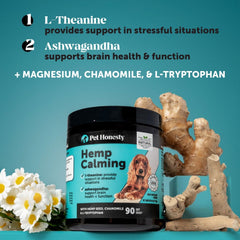 Pet Honesty calming chews ingredients label close-up highlighting valerian, chamomile, magnesium.