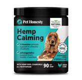 Pet Honesty hemp calming chews bottle-front highlights travel-friendly anxiety relief.